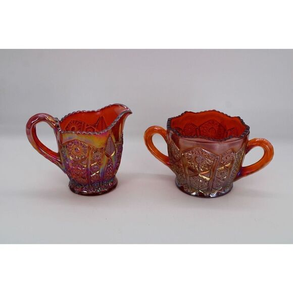 INDIANA GLASS HEIRLOOM SUNSET CARNIVAL GOLD STAR CREAMER & SUGAR - Picture 1 of 11